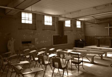 school desks in a classroom